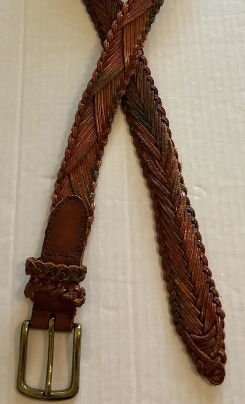 Vtg Mens Braided Belt Brown Variegated Leather Solid Brass Buckle Casual Sz 36